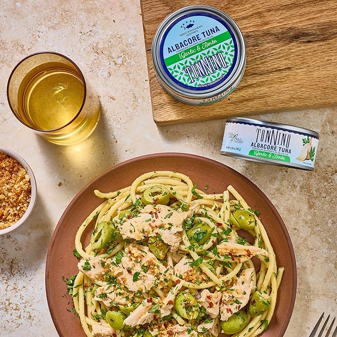 Tonnino Tuna Fish Albacore - Premium chunk in olive oil with Garlic & Herbs ??Pack of 12 ??Alternative to Salmon ??Protein Snacks ??Ready to Eat Meals
