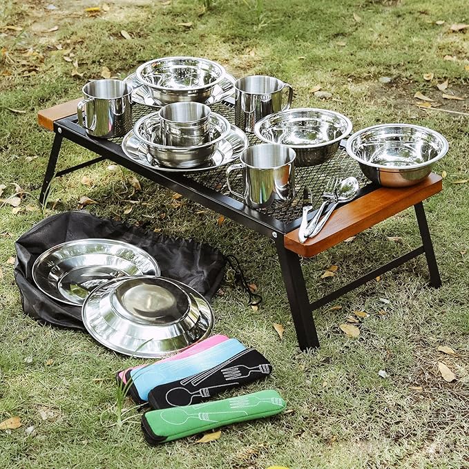 Outdoor Camping Mess Kit, Stainless Steel Tableware Mess Kit Includes Plate Bowl Cup Spoon Fork Knife in Mesh Bags for Camping Backpacking & Hiking for 4 Person