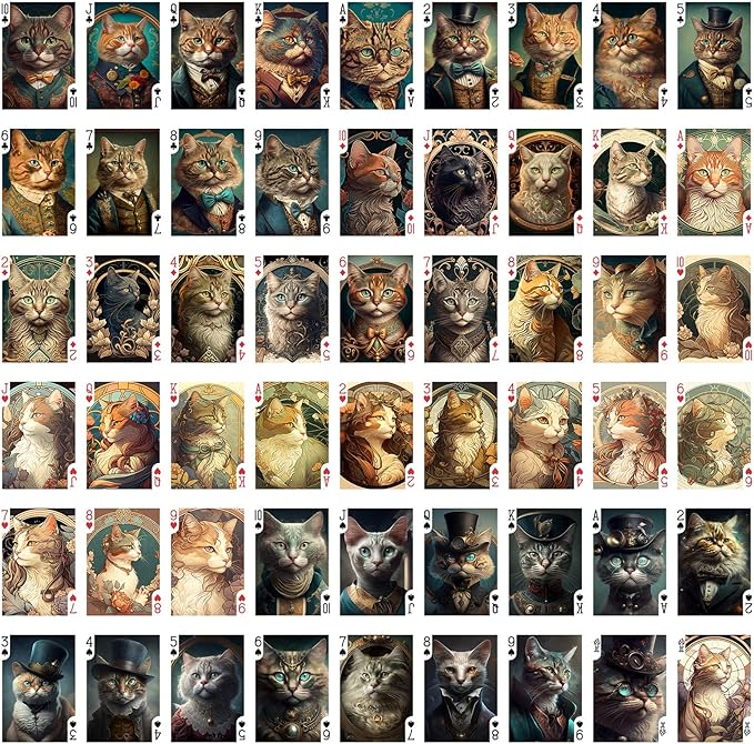 Art Nouveau CAT Portraits Playing Cards (Poker Deck 54 Cards All Different) Art Nouveau Art Deco Victorian Cat Portraits Posters