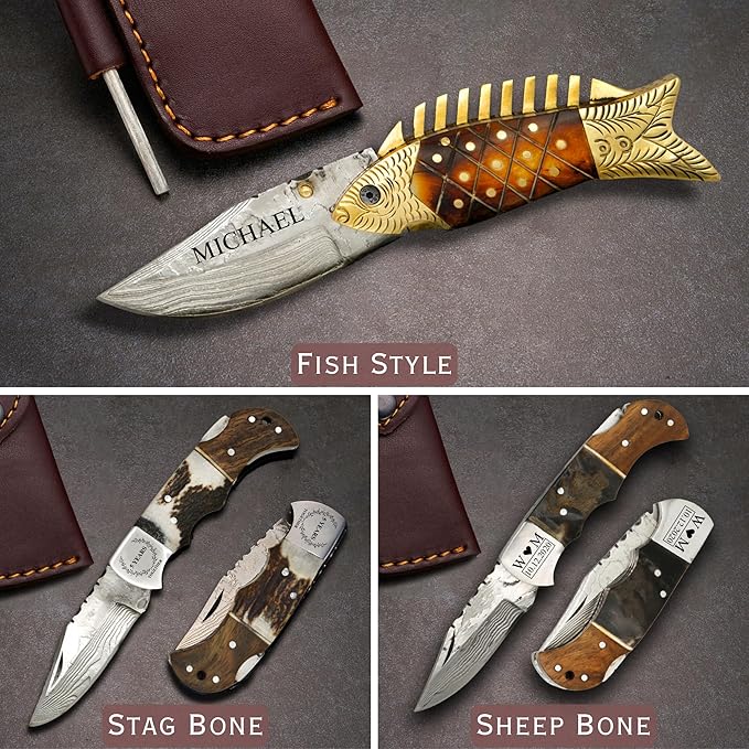 Personalized Folding Knife, Damascus Fish Style Pocket Knife, Custom Gift for Husband, Grandpa, Brother, Uncle, Groomsmen, Folding Knife for Father’s Day, Birthday, Anniversary, Christmas Gift