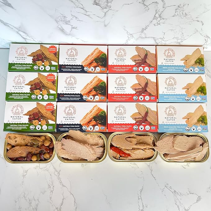Natural Catch Tuna Filets Variety Pack, Hand Cut, Pole & Line Caught, 130 Calories Gluten-Free, Paleo, Keto Friendly, Premium Yellowfin & Albacore Tuna in Extra Virgin Olive Oil (4.4 oz per can- Pack of 12) (Variety)