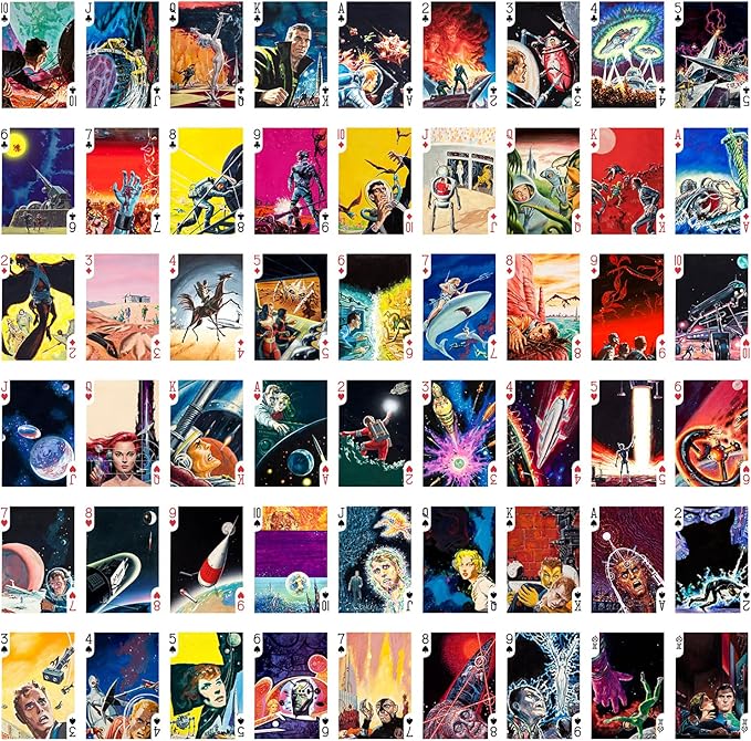 Battles with Aliens Playing Cards (Poker Deck 54 Cards All Different) Vintage Retro SciFi Space Action Comic by Emsh