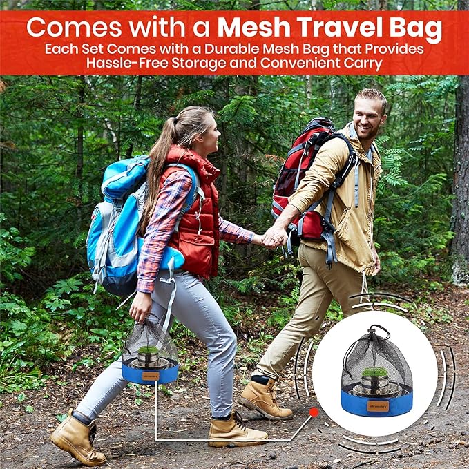 10-Piece Camping Dish Set - Stainless Steel Camp Mess Kit with Mesh Bag for Camping, Backpacking, Hiking - Complete Camping Dinnerware Set with Cup, Plate, Bowl, and Cutlery (with Zipper Cutlery Bag)
