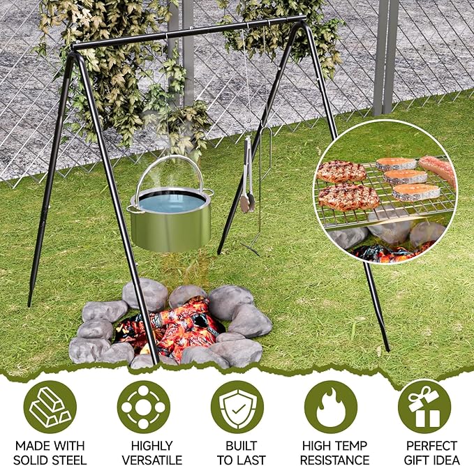 Grill Swing Campfire Cooking Stand with Stainless Steel Grill Grate for Cookware & Dutch Oven, Portable Cookware Hanging Rack, Outdoor Camping Bonfire with Adjustable Collapsible Legs with Hooks