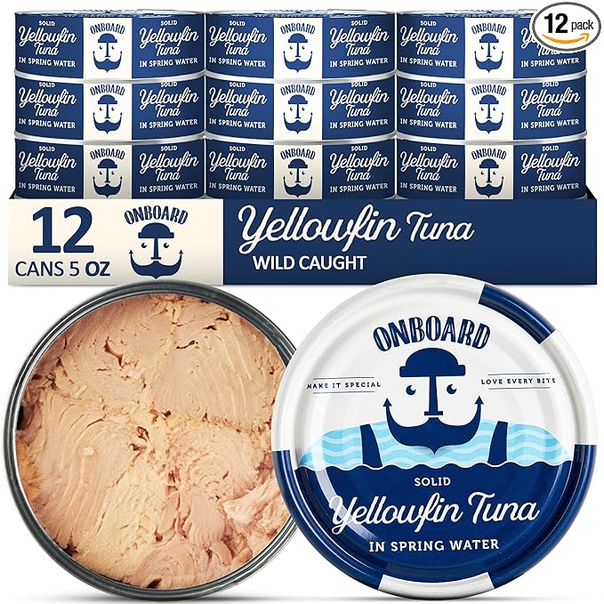 ONBOARD Premium Yellowfin Tuna in Spring Water - 12 Pack Solid Light 5 Oz Cans Sustainably Wild Caught Canned Tuna, Non GMO, Gluten Free, Tinned Fish 24g Protein ??Ingredient Rich Tuna for Salad and Recipes