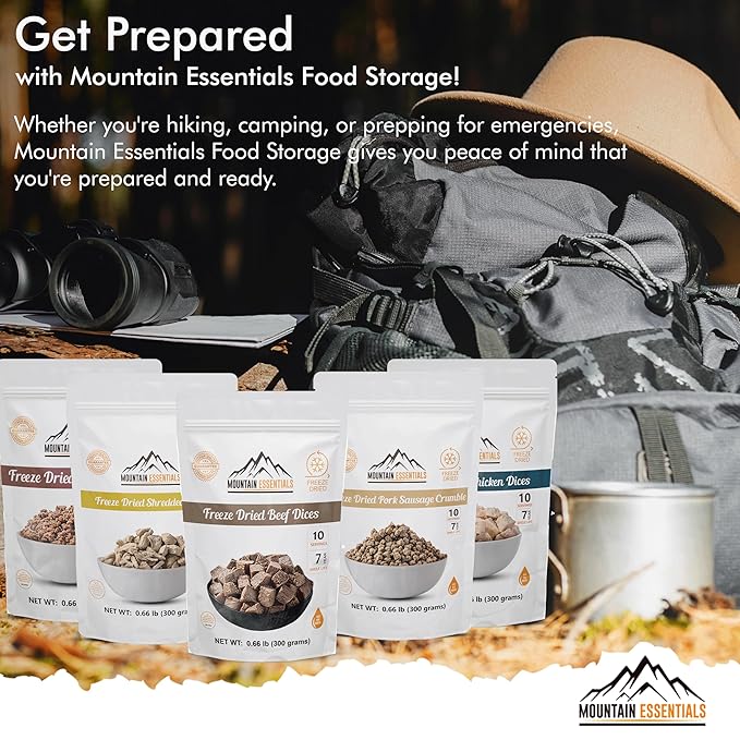 MOUNTAIN ESSENTIALS Freeze-Dried Meat Variety Kit ??3 Chicken Dices, 3 Beef Dices, 3 Ground Beef, 2 Shredded Pork & 1 Pork Sausage Crumble | 10 Servings per Pouch | Shelf-Stable Daily Meals, Camping & Emergency Food | Made in USA
