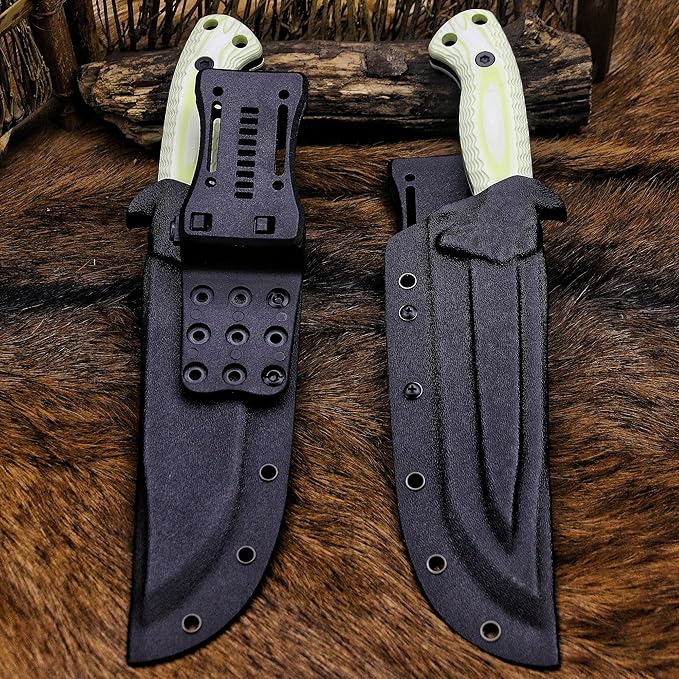 BA-KOR 12.4in Full Tang Fixed Blade Hunting Knife ??6mm 9CR18MoV Steel, G10 Handle, Stonewashed Sawback Blade with Kydex Sheath & Fire Starter for Outdoor, Camping, Survival (White with light green stripes)