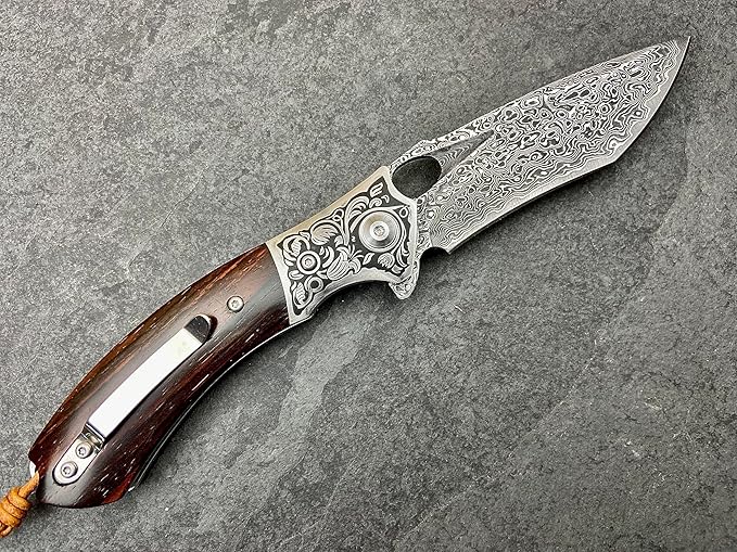 TACTICAL GEARZ Damascus Pocket Folding Knife, Natural Rosewood Handle, Damascus Steel Blade, Includes Custom Stitched Leather Sheath (Reno XT)