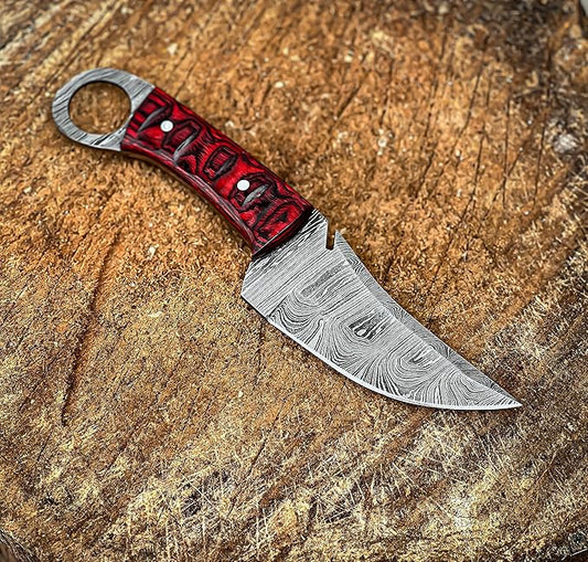 Bushcraft Survival Knife12T27 Damascus Steel Fixed Blade outdoor Knife - Pancake Leather Sheath - Traditional Field Knife for Camping Knife, Fishing, Hunting Knife, (RED)