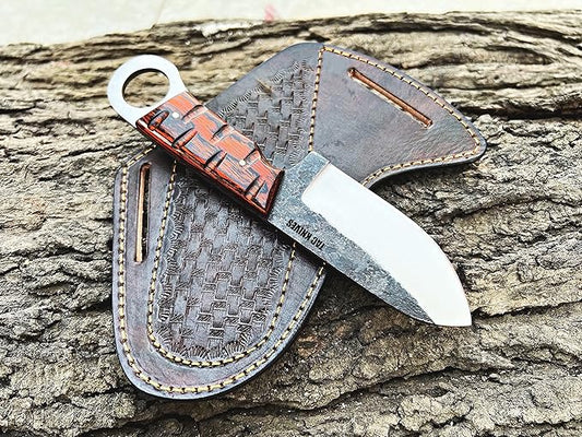 7'' Full Tang Fixed Blade Outdoor Camping Hunting Knife In Sheath Gift For Him | 1095 High Carbon Steel | SKINNER Gift Cowboy knives Pancake leather sheath (ORANGE)