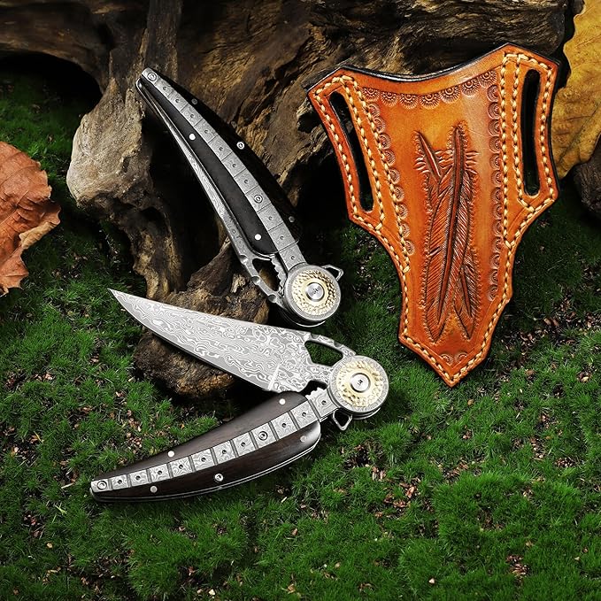 Handmade Damascus Steel Folding Pocket Knife，Feather shape 3.4in Blade Men's Pocket Knife，With knife sheath，Ebony Handle，Home & Outdoor EDC knife