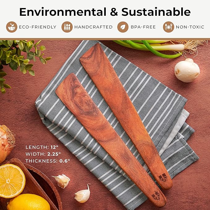 Wooden Spatula for Cooking ??12 Inch Teak Spatula Turner & Flipper for Cast Iron, Flat Egg & Pancake Scraper ??Set of 2 Utensils by Woodenhouse