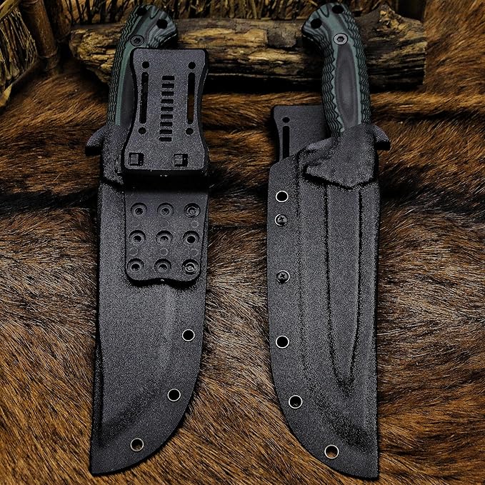 BA-KOR 12.4in Full Tang Fixed Blade Hunting Knife ??6mm 9CR18MoV Steel, G10 Handle, Stonewashed Sawback Blade with Kydex Sheath & Fire Starter for Outdoor, Camping, Survival (Green and black stripes)