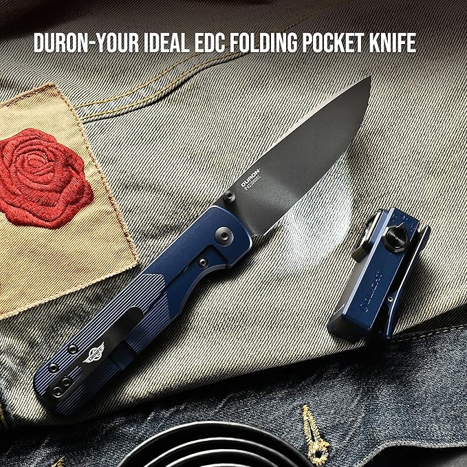OKNIFE Duron Folding Pocket Knife, 3.5" PVD Coated Nitro-V Steel Blade, Frame Lock Lightweight O-Aluminum Ambidextrous Handle with Clip, Ideal EDC Tool for Outdoor, Camping & Survival (Navy Blue)