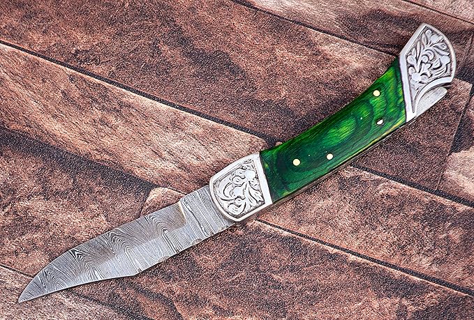 9" long Folding Knife, Bull Horn Scale with Engraved steel bolster, custom made 4" Hand Forged Damascus steel blade Cow hide leather sheath with belt loop (Bull Horn) (Parrot green)