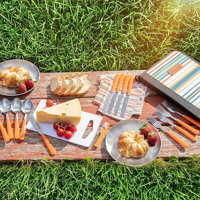 Camping Silverware Kit Cutlery Organizer Utensil Picnic Set 12 Piece Mess Kit - Stainless Steel Spoon Butter & Serrated Knife Wine Opener Fork Napkin Hiking Camp Kitchen BBQ?™s (4 Person 20 Piece Set)