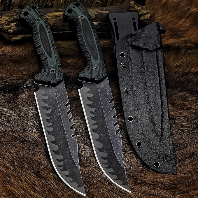 BA-KOR 12.4in Full Tang Fixed Blade Hunting Knife ??6mm 9CR18MoV Steel, G10 Handle, Stonewashed Sawback Blade with Kydex Sheath & Fire Starter for Outdoor, Camping, Survival (Green and black stripes)