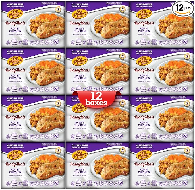 KJ Poultry Kosher for Passover Gluten Free Meals, Roast Chicken with Potato & Carrots, Halal, (12 Pack) Prepared Entree Fully Cooked, Shelf Stable Microwave Dinner, Travel Military Camping