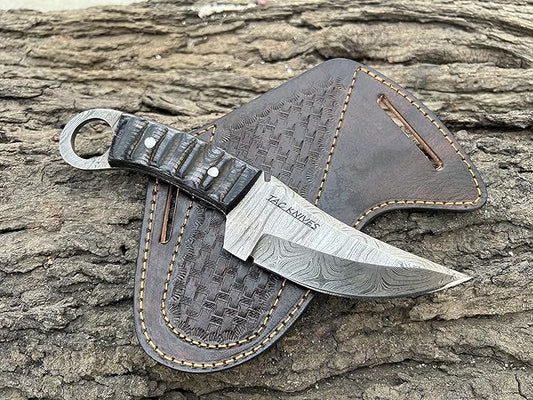 Bushcraft Survival Knife12T27 Damascus Steel Fixed Blade outdoor - Pakka Wood Handle - Pancake Leather Sheath - Traditional Field Knife for Camping , Fishing, Hunting , Men & Women - EDC Knife to Carry on Belt- (BLACK)