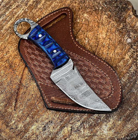 Bushcraft Survival Knife12T27 Damascus Steel Fixed Blade outdoor - Pakka Wood Handle - Pancake Leather Sheath - Traditional Field for Camping , Fishing, Hunting Knife, Men & Women - EDC Knife to Carry on Belt- (BLUE)