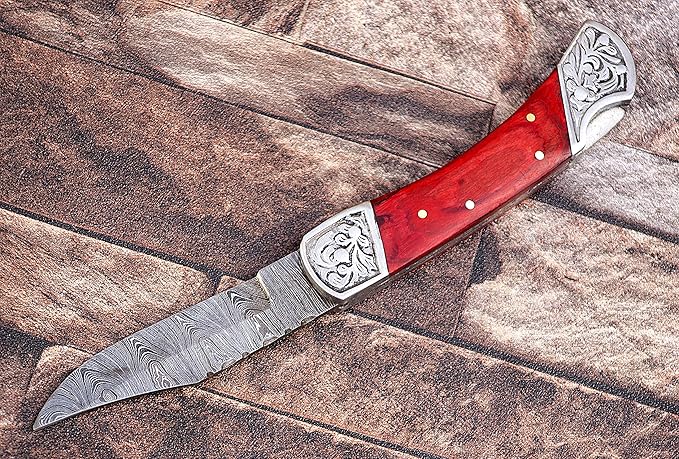 9" long back lock Folding Knife, 2 tone Red wood Scale with Engraved steel bolster, custom made 4" Hand Forged Damascus steel blade, Cow hide leather sheath with belt loop (Red)