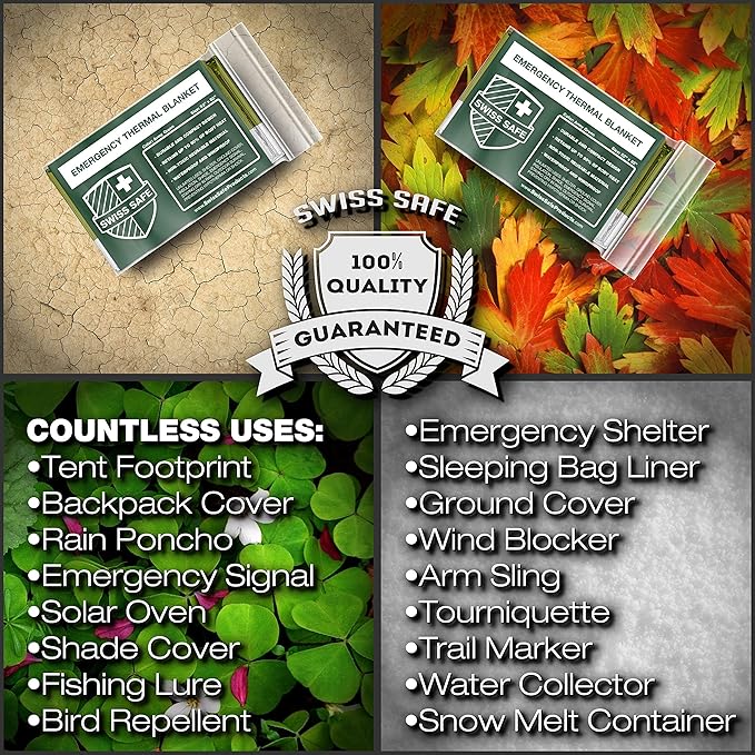 Swiss Safe 4 Pack Mylar Emergency Blankets for Survival - Compact & Insulated for Cold Weather - Designed for NASA, Outdoor, Running, Camping, Survival, First Aid Car Kit - Army Green, 4 Pack