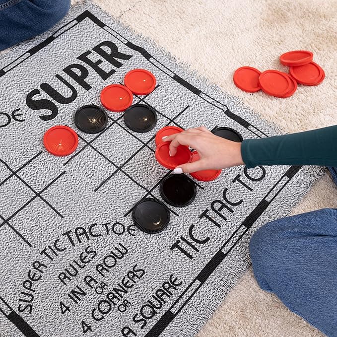 3-in-1 Vintage Giant Checkers Set, Tic Tac Toe with Reversible Mat, 24 Jumbo Chips, Family Board Game, Lawn Game, BBQ Party Favor, Indoor and Outdoor Activity for Kids and Adults