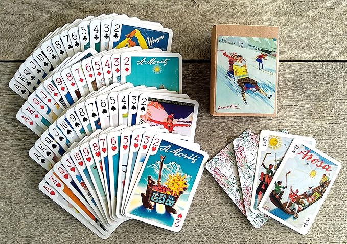 Winter Sport Playing Cards (Poker Deck 54 Cards All Different) Vintage European Travel Posters Retro Adverts