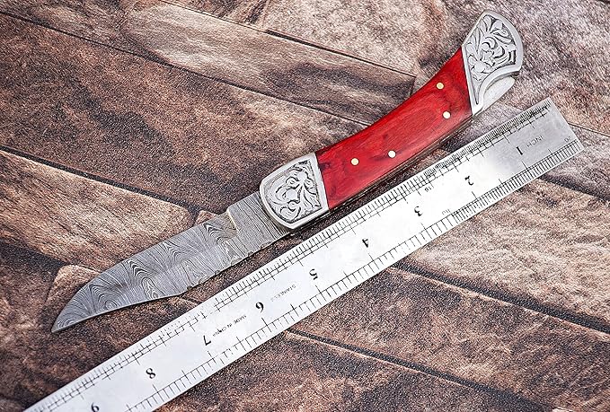 9" long back lock Folding Knife, 2 tone Red wood Scale with Engraved steel bolster, custom made 4" Hand Forged Damascus steel blade, Cow hide leather sheath with belt loop (Red)