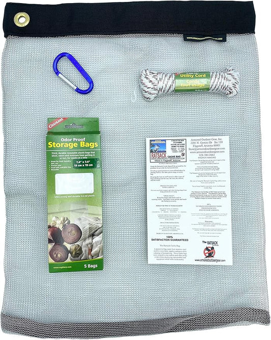 Camping Bundle - Ultralight Rodent Proof Dry Bag for Backpacking - Bear Bag Food Storage for Camping with Coghlans Odor Proof and Waterproof Bag, Survival Utility Rope and Carabiner (XS)