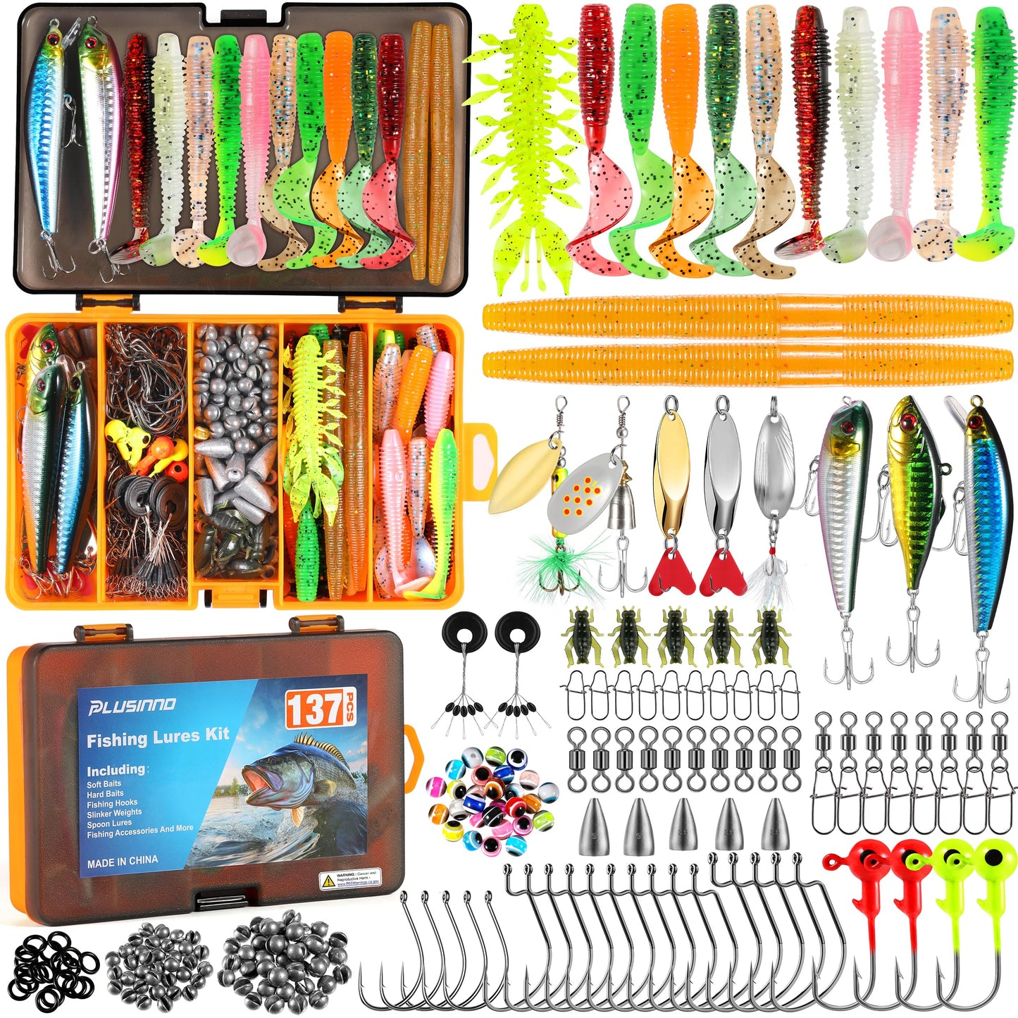 PLUSINNO Fishing Lures, 137Pcs Tackle Box with Tackle Included, Crankbaits, Spoon, Hooks, Weights &