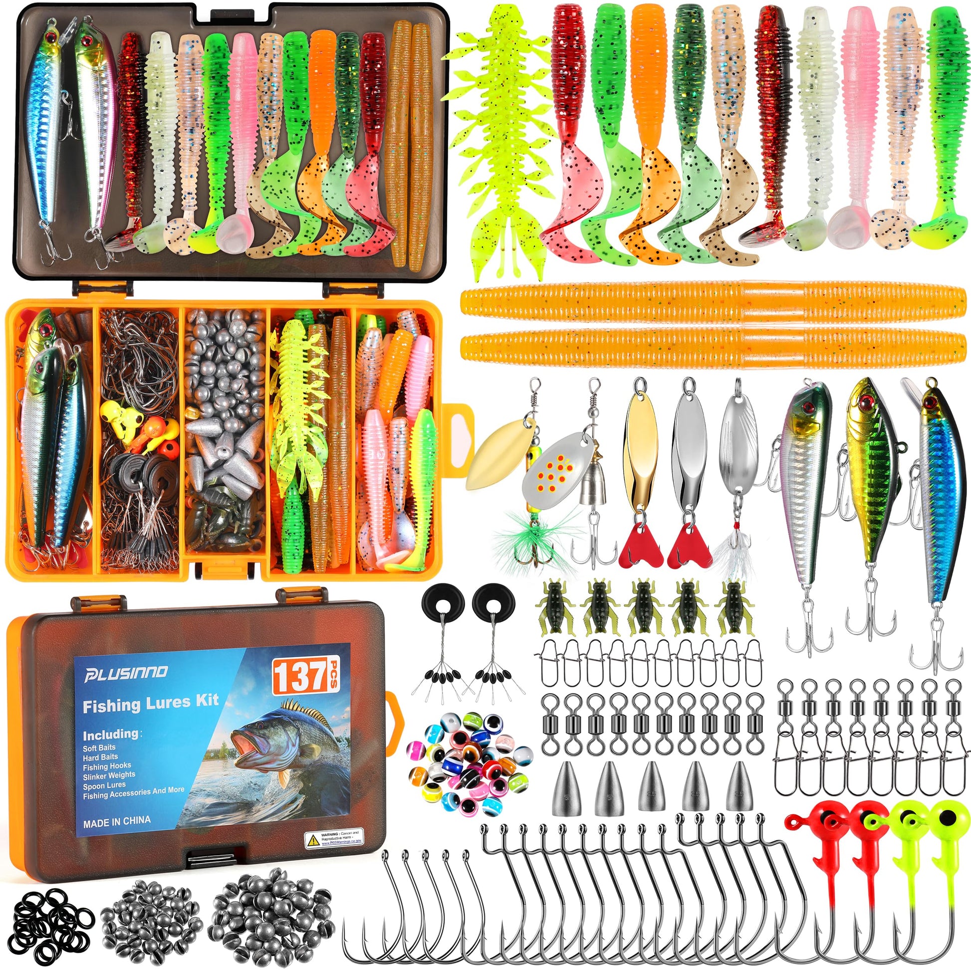 PLUSINNO Fishing Lures, 137Pcs Tackle Box with Tackle Included, Crankbaits, Spoon, Hooks, Weights &
