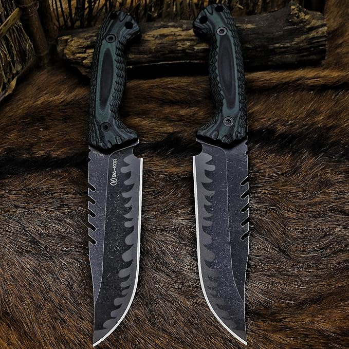 BA-KOR 12.4in Full Tang Fixed Blade Hunting Knife ??6mm 9CR18MoV Steel, G10 Handle, Stonewashed Sawback Blade with Kydex Sheath & Fire Starter for Outdoor, Camping, Survival (Green and black stripes)
