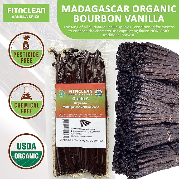 20 Madagascar Organic Vanilla Beans Grade A. Certified USDA Organic. ~6" by FITNCLEAN VANILLA for Baking, Extract and Cooking. Fresh Gourmet NON-GMO Bourbon Whole Pods