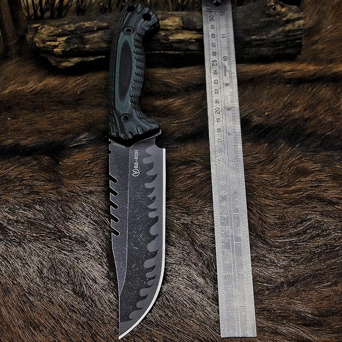 BA-KOR 12.4in Full Tang Fixed Blade Hunting Knife ??6mm 9CR18MoV Steel, G10 Handle, Stonewashed Sawback Blade with Kydex Sheath & Fire Starter for Outdoor, Camping, Survival (Green and black stripes)