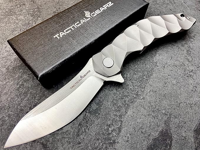 TACTICAL GEARZ Titanium Pocket Folding Knife, Solid Tc4 Titanium Handle, Razor Sharp CPM-D2 Steel DAO Blade, Includes Sheath (Ares)
