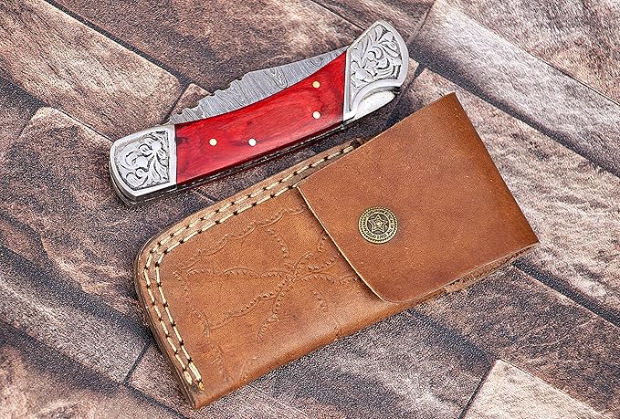 9" long back lock Folding Knife, 2 tone Red wood Scale with Engraved steel bolster, custom made 4" Hand Forged Damascus steel blade, Cow hide leather sheath with belt loop (Red)