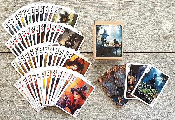 Wicca Witch Playing Cards (Poker Deck 54 Cards All Different) Elegant Witch Ladies with Black Cats Drinking Wine on Cemetery Vintage Illustration