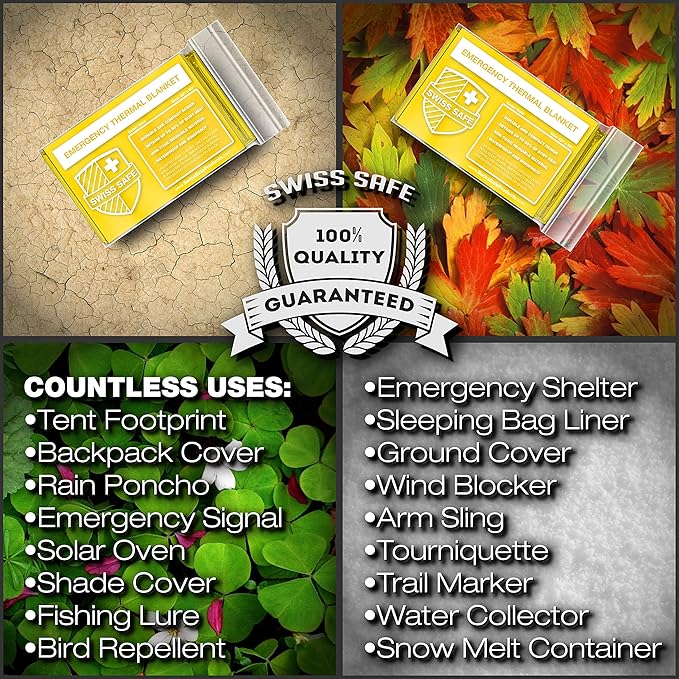 Swiss Safe 10 Pack Mylar Emergency Blankets for Survival - Compact & Insulated for Cold Weather - Designed for NASA, Outdoor, Running, Camping, Survival, First Aid Car Kit - Gold, 10 Pack