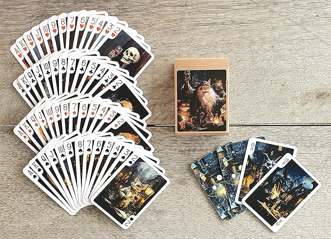 MAD Christmas Party Playing Cards (Poker Deck 54 Cards All Different) Santa and Reptiloid and Cats and Hamster Drink Wine of Christmas Vintage Illustration