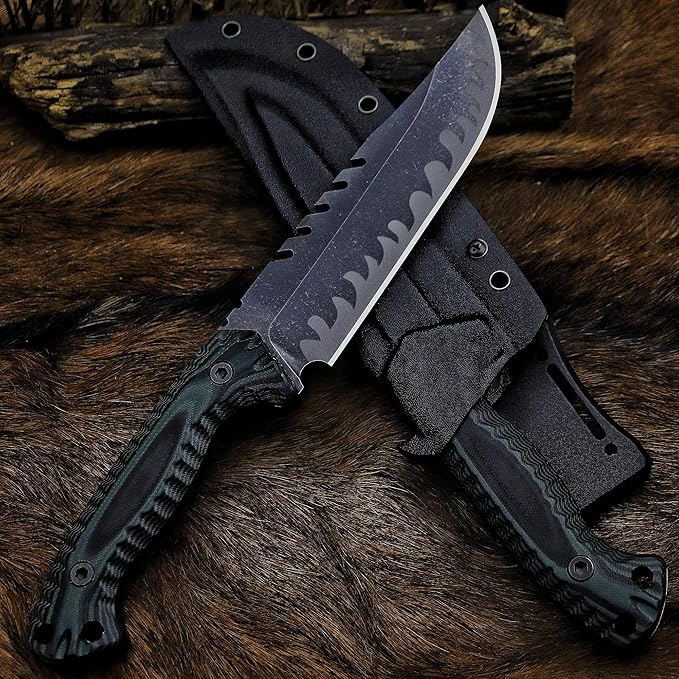 BA-KOR 12.4in Full Tang Fixed Blade Hunting Knife ??6mm 9CR18MoV Steel, G10 Handle, Stonewashed Sawback Blade with Kydex Sheath & Fire Starter for Outdoor, Camping, Survival (Green and black stripes)