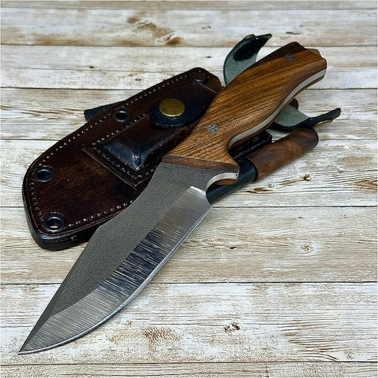 Handmade Fixed Blade Hunting Knife, N690 Blade Tactical Knife with Leather Sheath and Magnesium Fire Starter, Full Tang Tactical Knife, Survival Knife with Magnesium Fire Stick