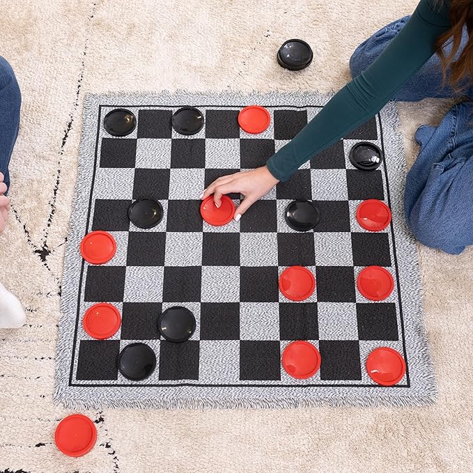 3-in-1 Vintage Giant Checkers Set, Tic Tac Toe with Reversible Mat, 24 Jumbo Chips, Family Board Game, Lawn Game, BBQ Party Favor, Indoor and Outdoor Activity for Kids and Adults