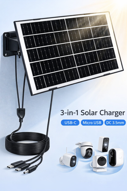 8W Solar Panel Charger for Security Camera, USB-C/Micro USB/DC 3.5mm Ports, 360° Adjustable Mount, IP65 Waterproof, 10FT Cable for Ring, Reolink, Eufy Battery Cameras