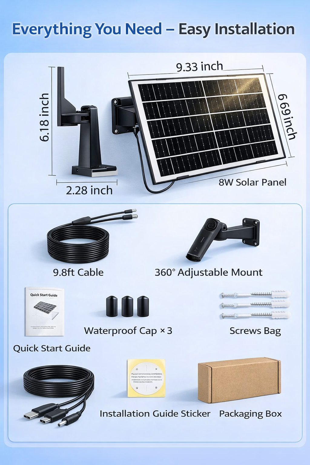8W Solar Panel Charger for Security Camera, USB-C/Micro USB/DC 3.5mm Ports, 360° Adjustable Mount, IP65 Waterproof, 10FT Cable for Ring, Reolink, Eufy Battery Cameras